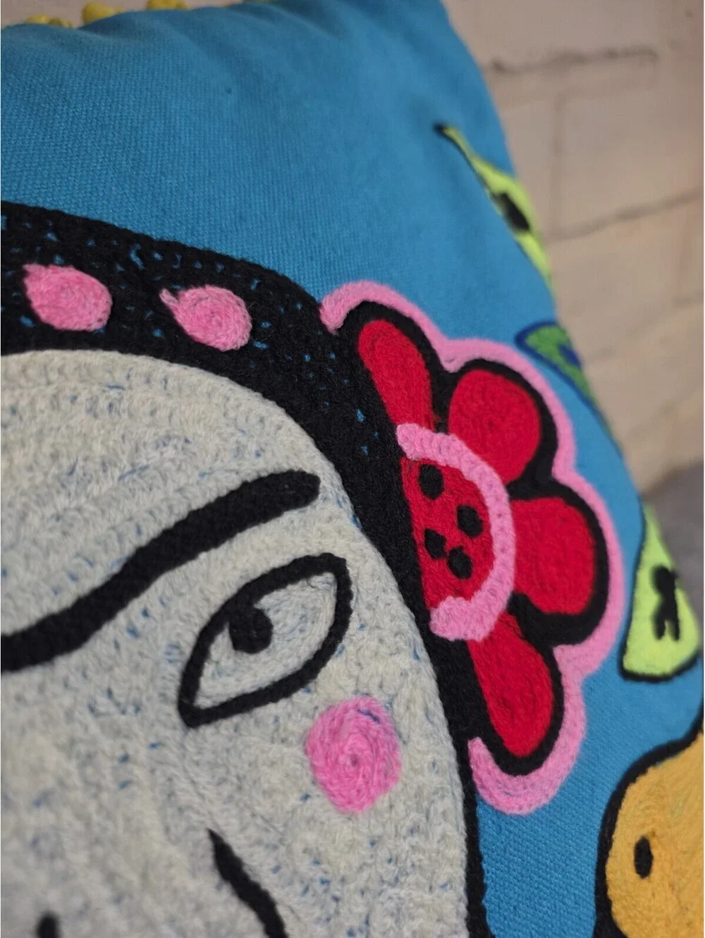Karma Living Frida Kahlo Embroidered Pillow Cover 18x18 Turquoise Pom Pom Boho